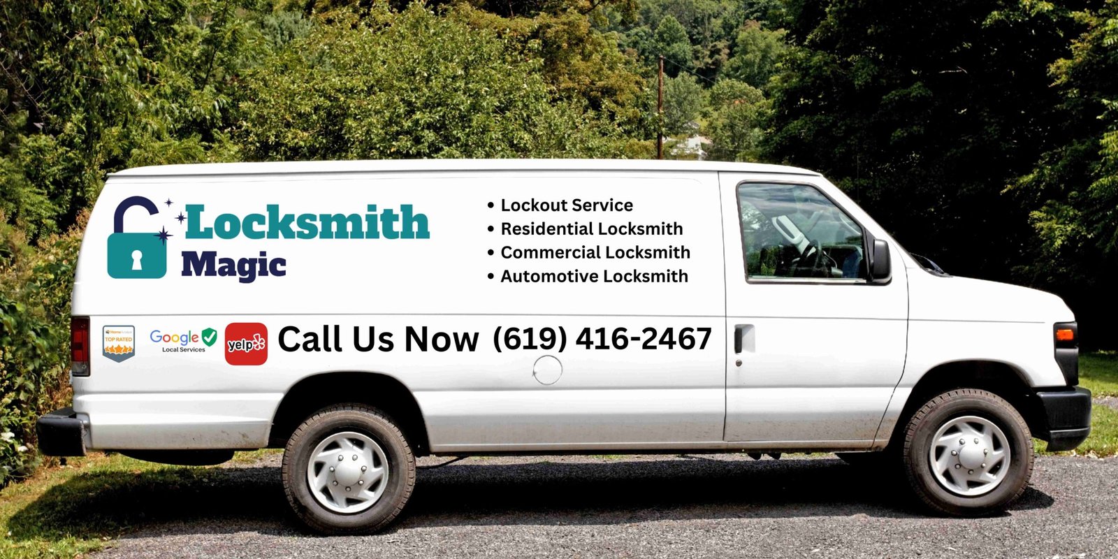 Locksmith Magic mobile van with services and phone number displayed